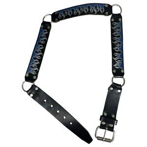 Vintage 90s Blue Black Flame Leather Ring Grunge Rocker Belt Large 36 38 - READ